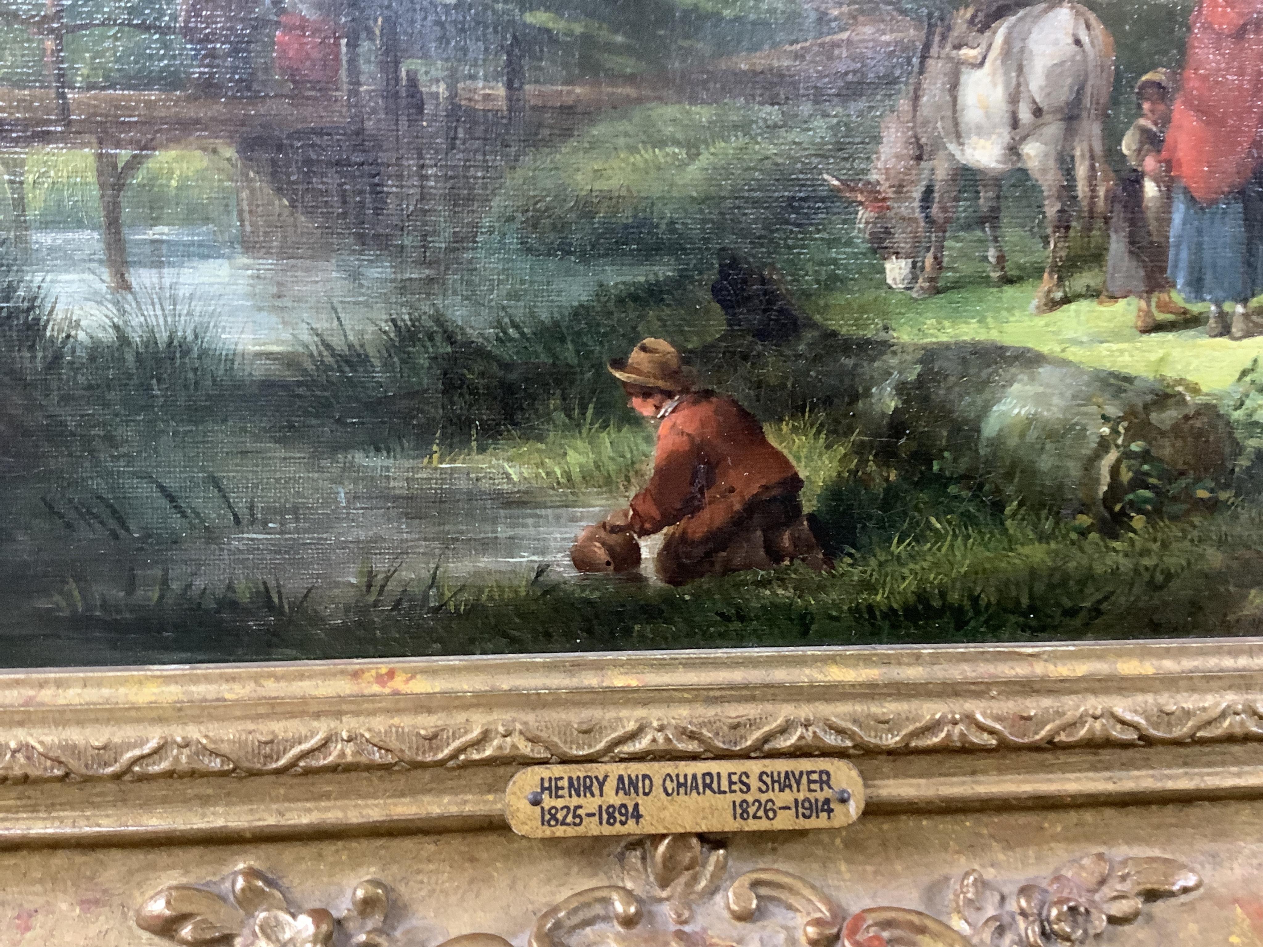 Henry and William Shayer (1825-1894 and 1826-1914), Figures with a donkey near a bridge, signed, oil on canvas, 26 x 37cm